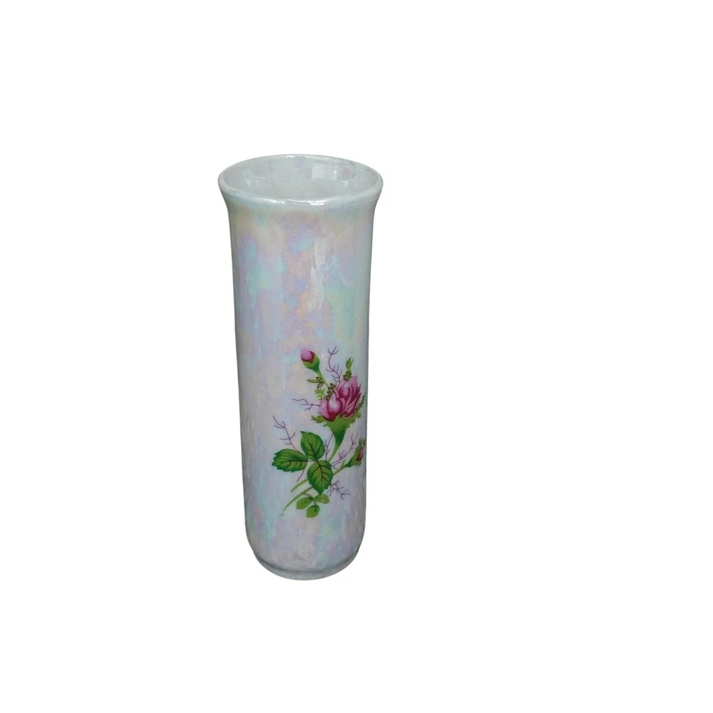 Iridescent Bud Vase with Rose Floral Design, Small Decorative Vase